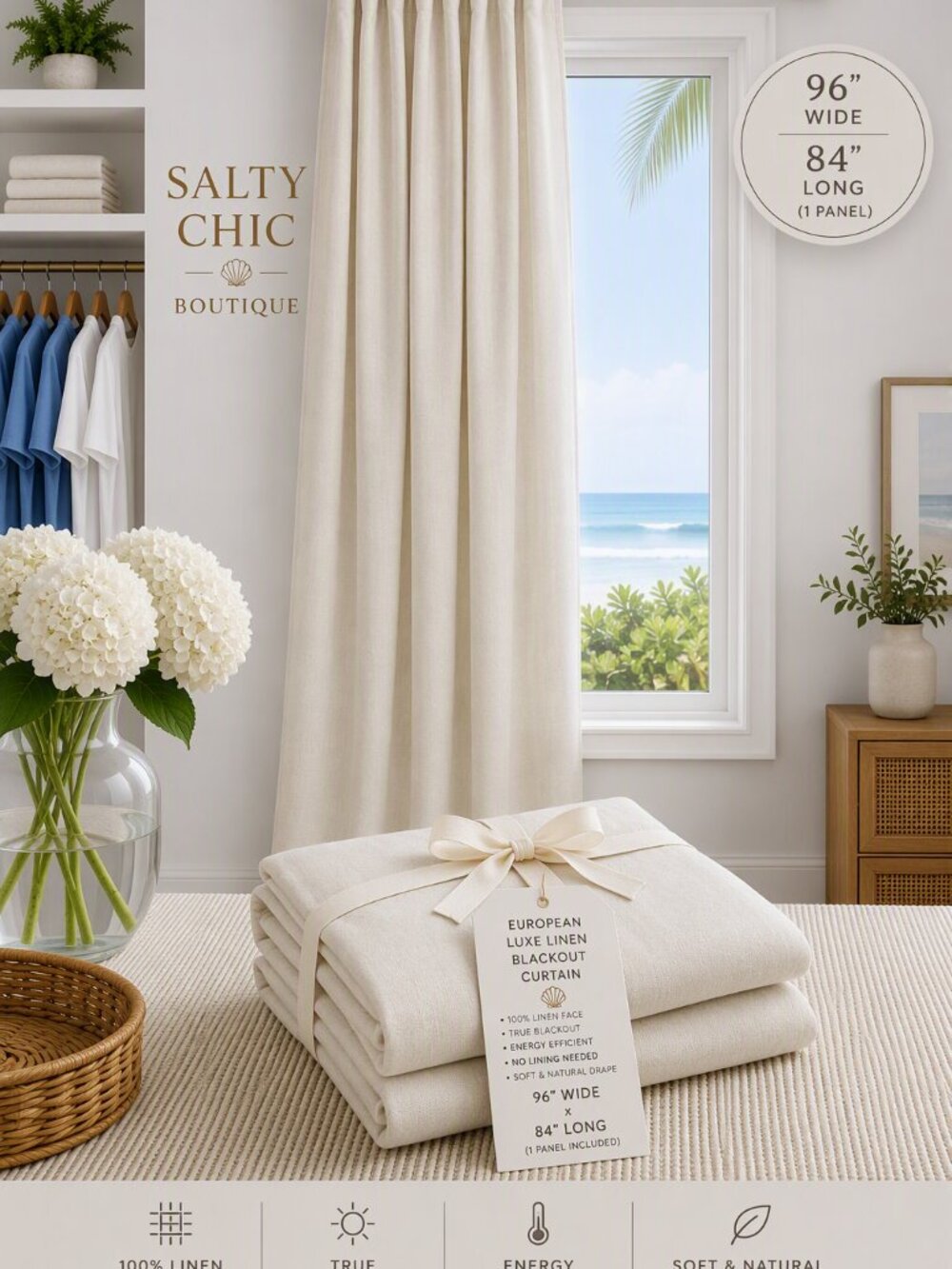 Quince European Luxe Linen Blackout Ivory  
curtain panel 96x84  (1 panel) #529